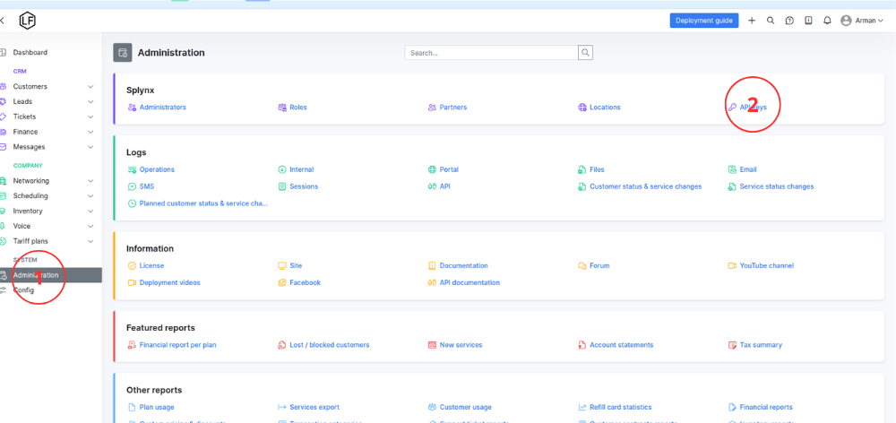 Splynx API access screen