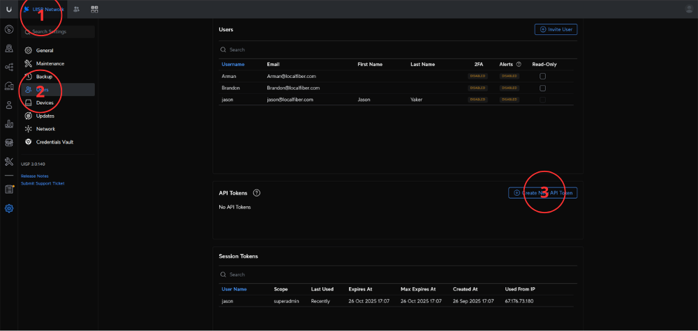 UISP API access screen